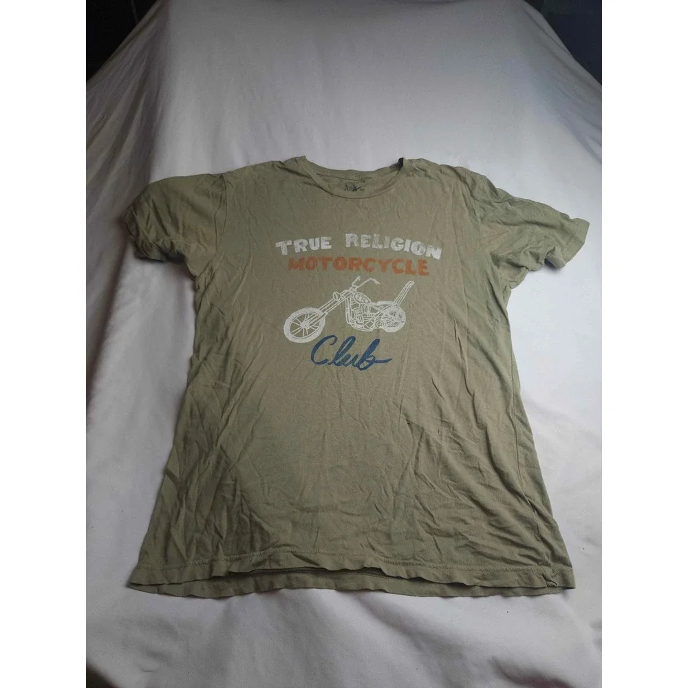 True Religion Motorcycle Club Graphic T-Shirt Mens Large Olive Green Cotton Tee